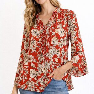 Fun2fun Rayon Button Up Long Sleeve Sz L Red Print Casual Blouse